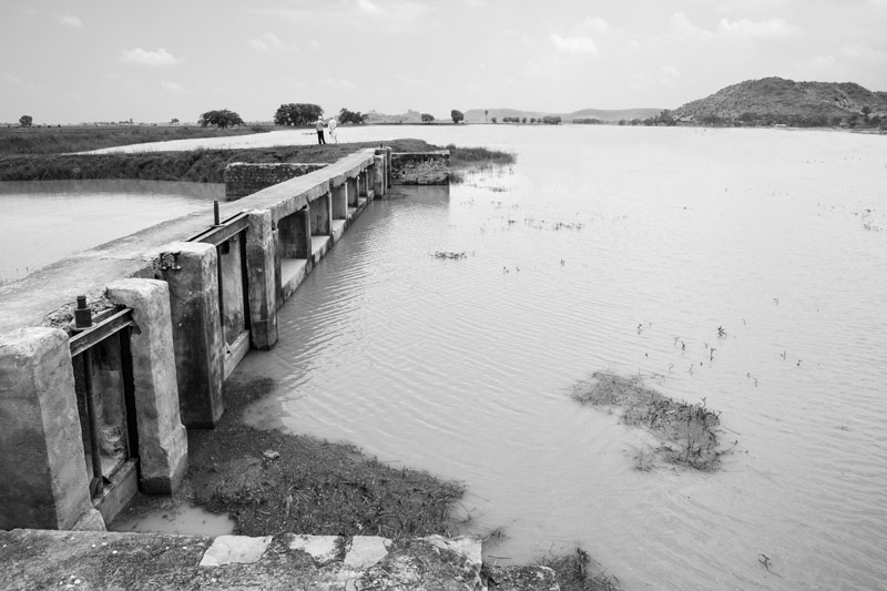 Sluice gates on the side of the highest embankment in Patesar Ahar in Kaimur district, Bihar
